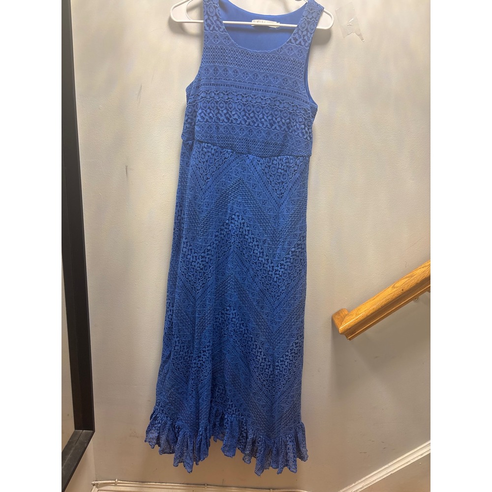 Solitaire Lace Maxi Dress Womens Medium Blue Ruffle Hem Sleeveless